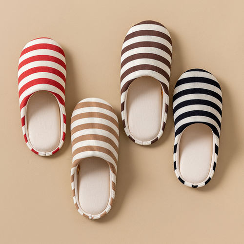 棉拖鞋女冬季情侣室内居家包头软底防滑加绒保暖简约条纹毛毛鞋男 - 图1