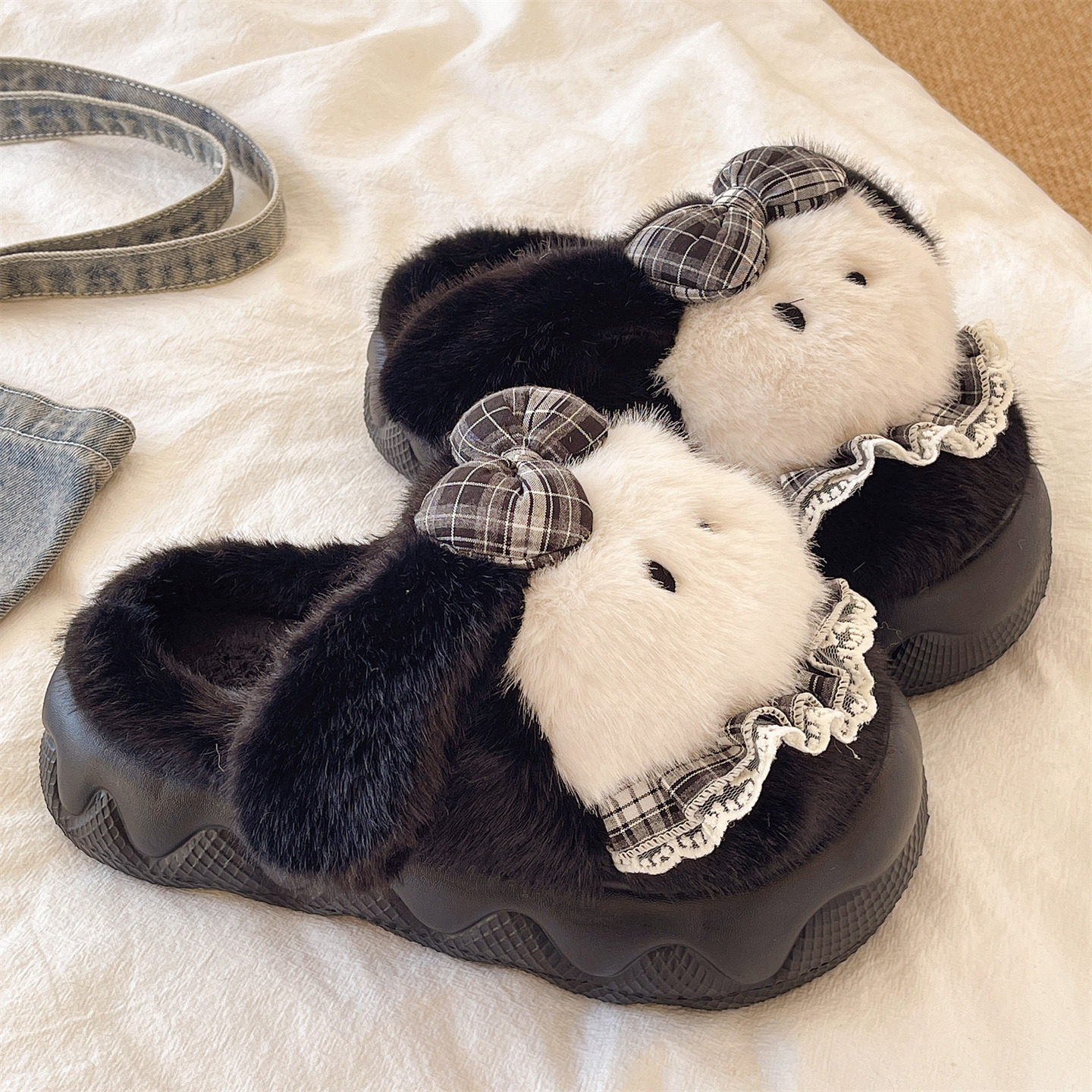 毛毛鞋女冬季居家室内防滑增高厚底加绒保暖可爱蝴蝶结小狗棉拖鞋,淘宝优惠券,粉丝福利购,淘宝优惠卷