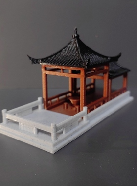 中式新款香洲建筑摆件亭廊打印模型微观假山盆景装饰复古吹笛女孩