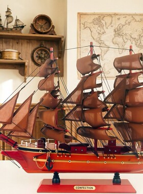 新中式实木一帆风顺帆船招财摆件