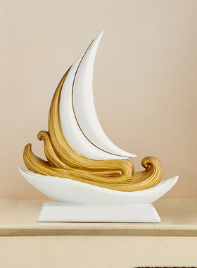 酒柜轻奢白金色帆船人物雕塑摆件