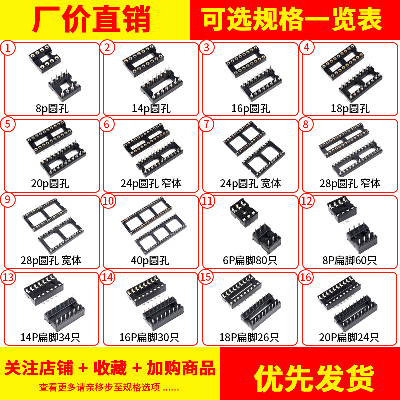 。整管IC座 6P8P14P16P18P20P24P28P40p脚 底座宽体窄体圆孔镀金 - 图3