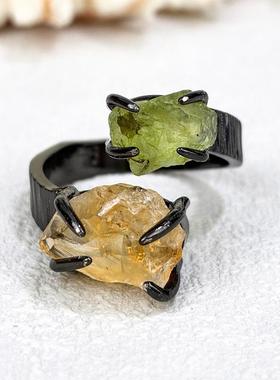 苔丝欧美潮流个性天然水晶原石橄榄石双头石榴石镶嵌款戒指