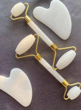 外贸出口白玉玉石滚轮刮痧板套装按摩双头推脸棒刮痧片天然玉石