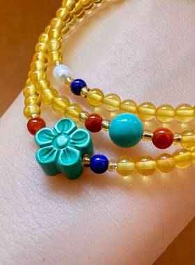 天然蜜蜡手链女款原矿保真琥珀手串多圈俄料金珀diy松石古风饰品