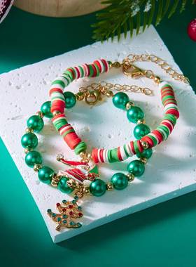 跨境新款圣诞手链时尚百搭绿色串珠软陶圣诞老人圣诞树手链套装女