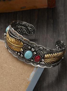 跨境欧美新品纳瓦霍风格椭圆形松石开口手镯复古双色树叶手镯