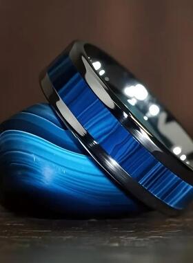 跨境爆款热卖不锈钢冷淡蓝澳宝个性时尚戒指钢色蓝孔雀石斜边