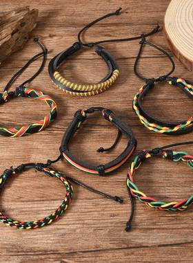 跨境电商热销运动风红黄绿六件套皮革编织手绳男士DIY手链套装