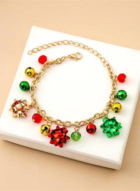 跨境欧美圣诞麋鹿铃铛手链卡通滴油可调节圣诞老人拐杖糖手串