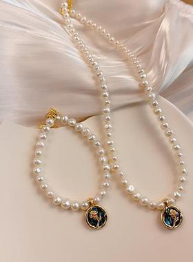 法式黑贝玫瑰珍珠手链小众设计文艺范串珠项链蓝色妖姬造型感饰品