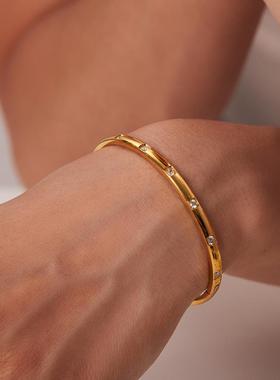 欧美法式钛钢黄金手环不锈钢镶嵌绿色小众锆石手镯不掉色手饰