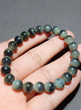 【青花籽料手串】新疆和田玉 8mm 聚宝盆圆珠手串 油润单圈手饰