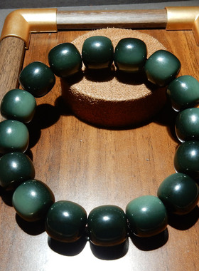 新疆和田玉沙枣青籽料手串14mm老型珠 天然玉石手链 男女款带证书