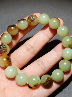 和田玉俄料黄皮山流水 12mm 手串 天然玉石手链男女款 带证书