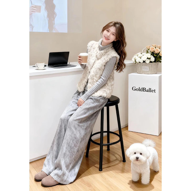 时尚韩系一整套深冬穿搭显瘦针织衫毛绒马甲外套休闲裤三件套装女,淘宝优惠券,粉丝福利购,淘宝优惠卷