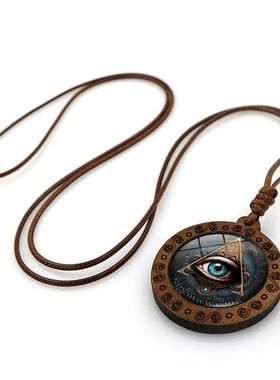 古埃及荷鲁斯之眼时光宝石木质吊坠项链女百搭复古棕色蜡绳毛衣链