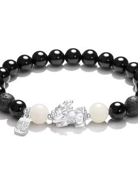 新款999银貔貅菩提手链情侣款天然黑曜石小众设计手链