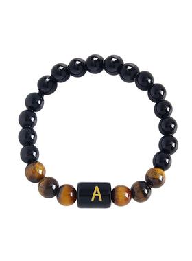 拼多多热卖26个字母8mm天然虎眼石黑曜石手串弹力绳男女手链饰品