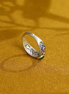 铜镀银镶仿和田碧玉镂空花纹戒指女款精美气质古典手饰品开口指环