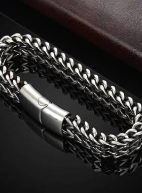 四方双排霸气手链速卖通亚马孙热销时尚潮流钛钢双层正反链首饰品