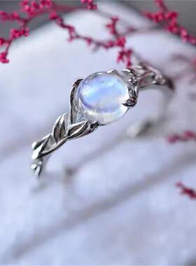 个性复古树叶月光石戒指时尚波希米亚风女优雅气质潮流小众设计