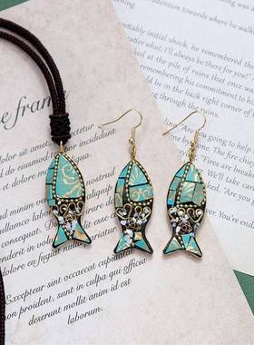 小众设计尼泊尔铜鱼藏式手工项链男女民族风复古气质简约耳环套装