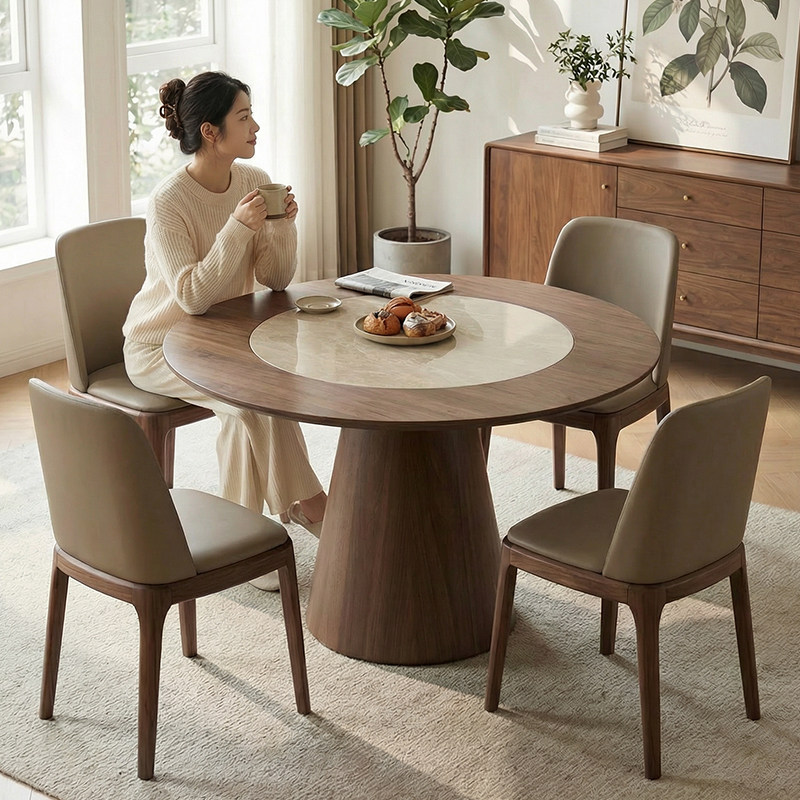 中古实木圆形餐桌黑胡桃色内嵌岩板转盘家用圆桌大户型白蜡木饭桌,淘宝优惠券,粉丝福利购,淘宝优惠卷