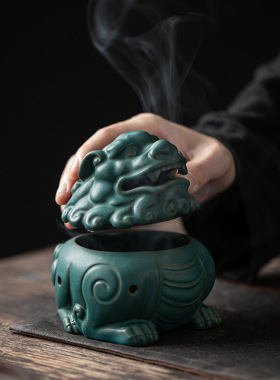狻猊陶瓷盘香炉 工艺品熏香摆件倒流香薰炉创意家居香插香道代发