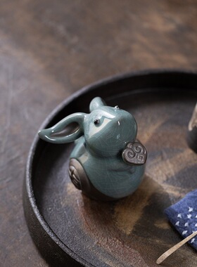 哥窑招财吉祥如意兔子摆件茶宠精品可养紫砂旺财创意茶玩家居摆件