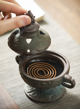 陶瓷香炉 仿古双耳青铜纹家用盘香檀香炉禅意香道家居摆件香薰炉