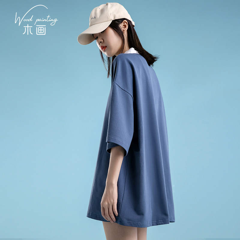 翻领短袖t恤女2020学生百搭上衣 木画T恤