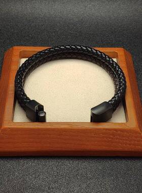 【新款】黑色磨砂钛钢扣拼色双皮绳男女士手链另类编织皮革手镯