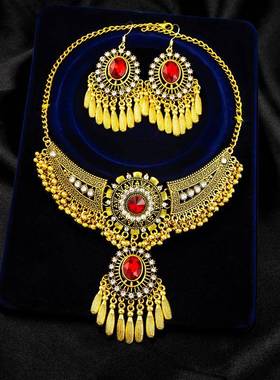 欧美跨境金属玫瑰花项链异域复古红宝石耳环时尚文艺流苏套装