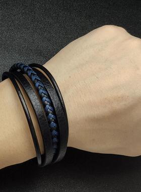 欧美爆款不锈钢多绳编织磁铁扣男士皮革手链拼搭新潮百搭配饰
