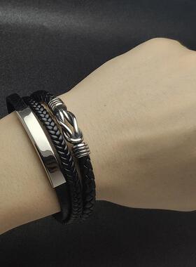 【跨境爆款】欧美时尚8字不锈钢磁铁扣潮流男士多绳编织黑色手链