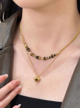 美拉德虎眼石长款叠戴爱心项链女小众毛衣链秋冬日常百搭配饰