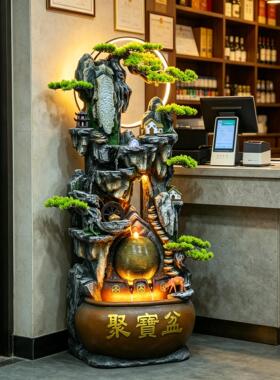中式禅意田园客厅电视柜旁水车纳福高山流水瀑布水系水景观可养鱼
