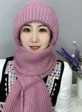 带围巾一体帽子25新款秋冬松鼠绒双层针织加绒加厚连体围巾风雪帽