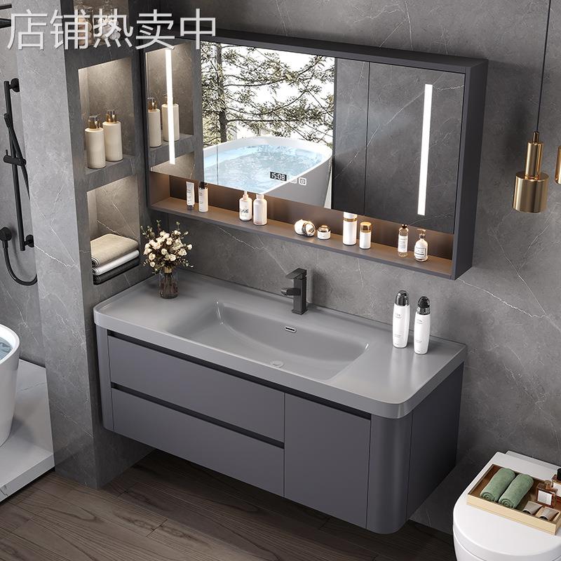 网红肤感绮美石一体盆智能镜浴室柜卫生间洗漱台洗手洗脸盆柜组合 - 图2