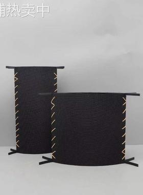 欧式创意简约黑色缝线金属皮革花器摆件样板房客厅书房家居装饰品