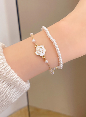 双层山茶花珍珠手链女轻奢小众精致手串2024新款爆款高级感手饰