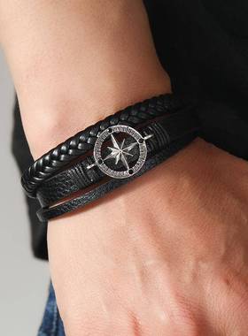 欧美跨境多层编织男士皮手镯diy手工制作复古风圆牌八芒星皮手链