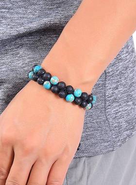 亚马逊热卖火山石熔岩双排缠绕手链天然绿松石双层编织情侣手链