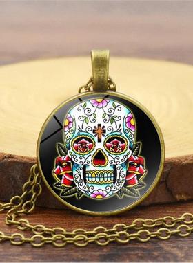 墨西哥糖骷髅头时光宝石吊坠项链女百搭欧美银色毛衣链饰品