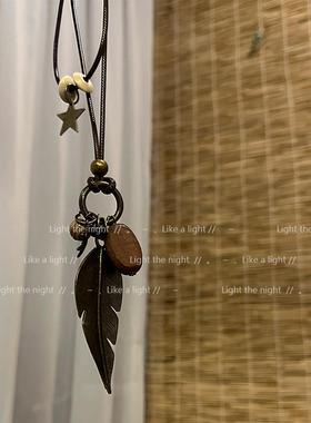 古风新中式禅意项链小众双层复古民族风羽毛吊坠蜡线项链女长款棉