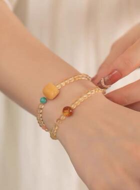 天然黄水晶双圈多圈手链醒狮黄色水晶手串叠戴串珠链女新年礼物