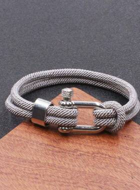 欧美时尚不锈钢U型马蹄扣手链新款跨境男士黑色米兰绳双层手绳
