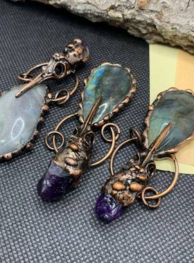 跨境复古风天然拉长石乌鸦头骷髅不定形古铜欧美毛衣链吊坠项链