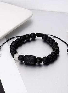 欧美跨境热卖天然石虎石磨砂玻璃十二星座编织男士手链可拉伸